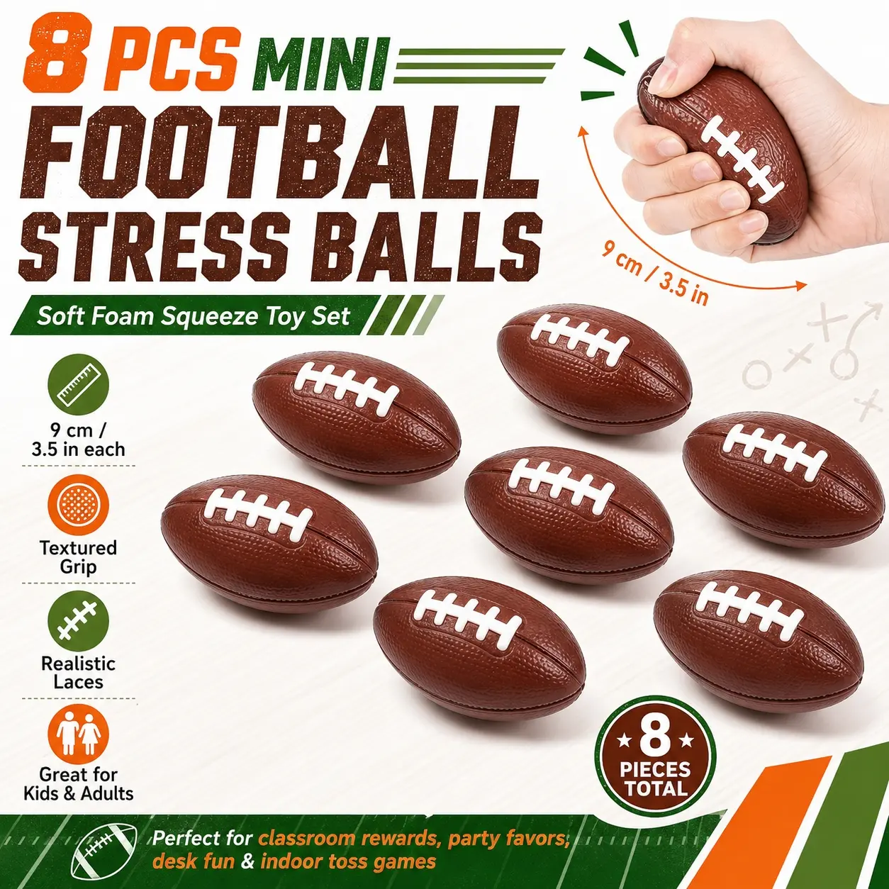 8Pcs Mini American Football Foam Stress Balls, 9cm Soft Brown Squeeze Toy Set with Textured Grip, Lightweight Hand Grip Practice Balls for Indoor Tossing, Classroom Rewards, Party Favors, Sports Birthday Gifts, Office Desk Fun & Decorations