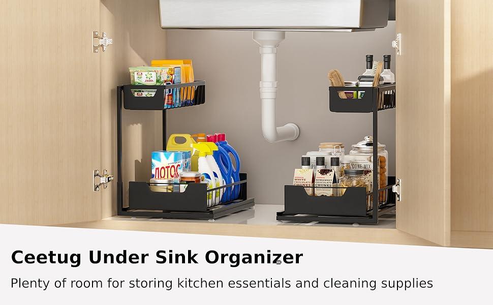 Under Sink Organizer L-Shape 2-LayerMetal Slide-Out Storage Rack Cabinet SnackDrawer kitchen organizer Spice rack DormitoryDining Room Bathroom Organizing AccessoriesMother's Gift.