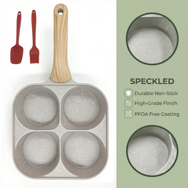 Non-stick 4-Hole Egg Frying Pan with Wooden Handle Granite-Style Breakfast Skillet for Eggs Omelets Toast Pancakes & Crepes Easy-Clean Multifunctional Kitchen Gadget Compact Gift Idea Cookware Aluminium