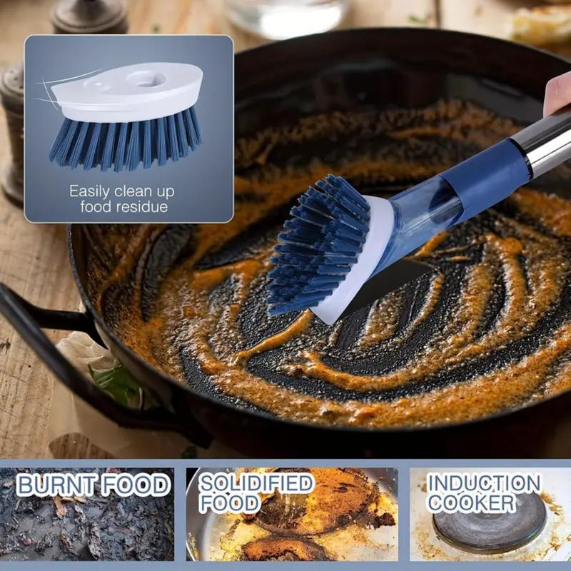 Kitchen Dish Brush with Soap Dispenser Set - 4 Replaceable Cleaning Heads Ergonomic Handle Scrub Brush for Dishes Pans Sink Household Cleaning Tools