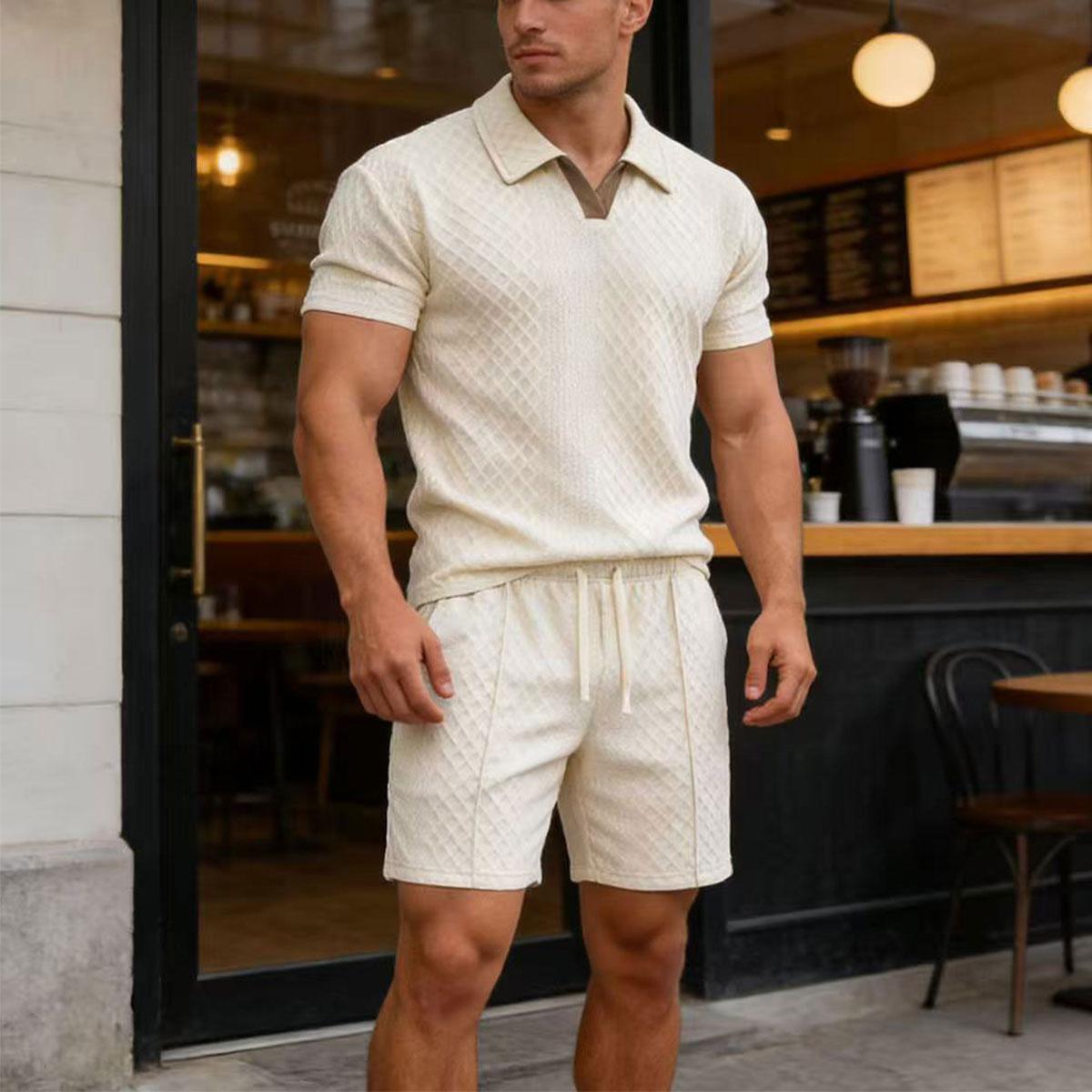 Men's Summer Casual Sports Set, 2 Pieces, Jacquard Fabric, Breathable Polo Shirt & Shorts, Formal Tropical Men's Top Set, Men's Clothing, Long Shirt SpringStatements