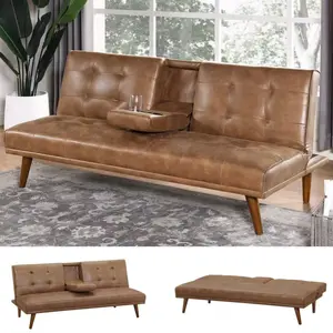 66" Futon Sofa Bed with Cup Holders, Modern Brown Leather Loveseat for Living Room, Convertible 2 Seater Sleeper Sofa Couch for Small Compact, Office, Apartment