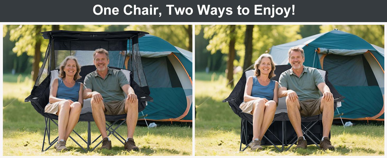 MOPHOTO XXL Double Camping Chair with Shade Canopy, Fully Padded Folding Camping Loveseat , Oversized Camping Bench Lawn Chairs Patio Lounge Chairs for Adults