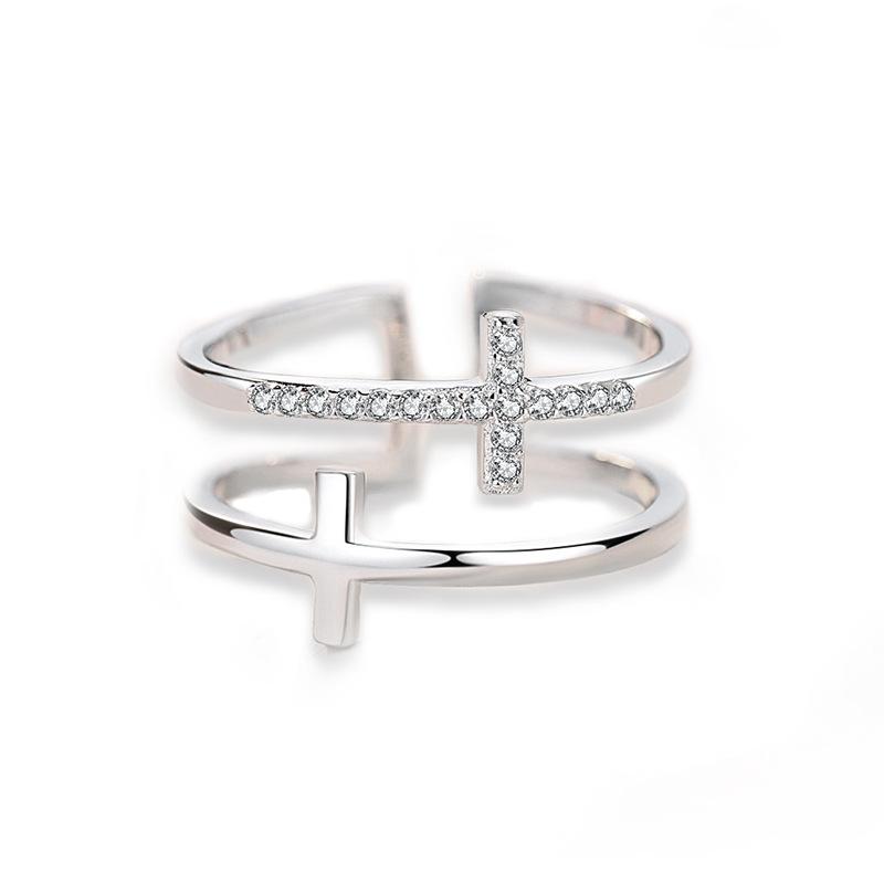 Double Cross Inlaid Zircon Ring, Adjustable Opening