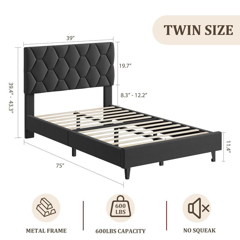 Grey Twin Bed Frame with Upholstered Headboard,Upholstered Bed Frame,Heavy-Duty Platform Bed Frame with Adjustable Headboard,Strong Wood Slat Support