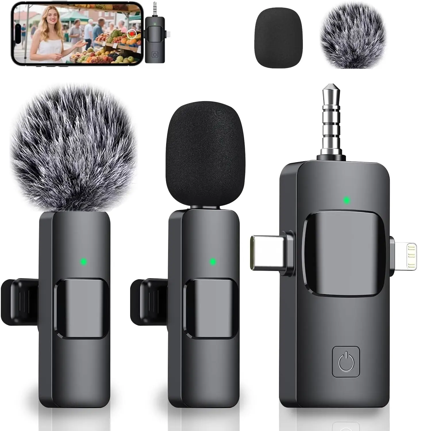 3-In-1 Wireless Compact Portable Lavalier Microphone for iPhone, Android, PC, USB-C, Noise Cancelling Lapel Mic for Interviews, Videos, Podcasts, Conferences, Wireless Mic Receiver, USB Rechargeable Mic, Wireless Lavalier Mics