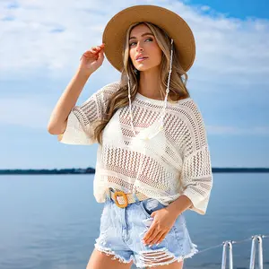 CUPSHE TikTokShopSpringGlowUp 2026 Salt in the Air Knit Swimsuit Cover-Up Top Beige Oversized Half Sleeves Scoop Neckline Crochet Style Beachwear for Summer Vacation Essentials