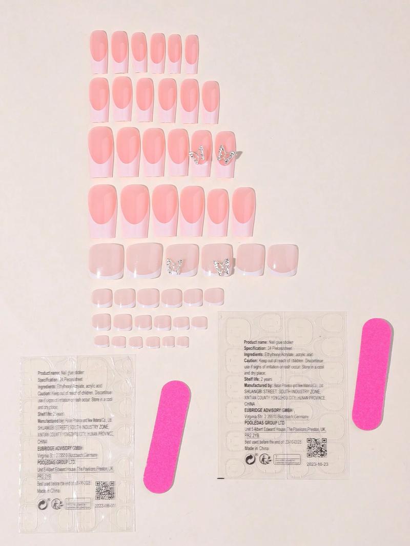 48-Piece Pink French Tip Press-On Nail & Toe Nail Set with Silver Bow Accents - Short Square Fingers & Toes, Nude Pink Base​