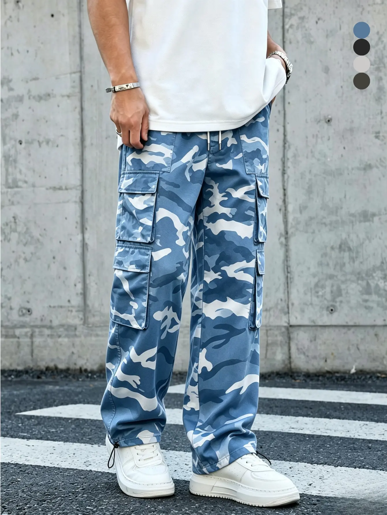 Men’s camouflage cargo pants with elastic drawstring waist, multiple flap pockets, loose wide-leg fit, street casual style, cuffed ankles, cargo long pants