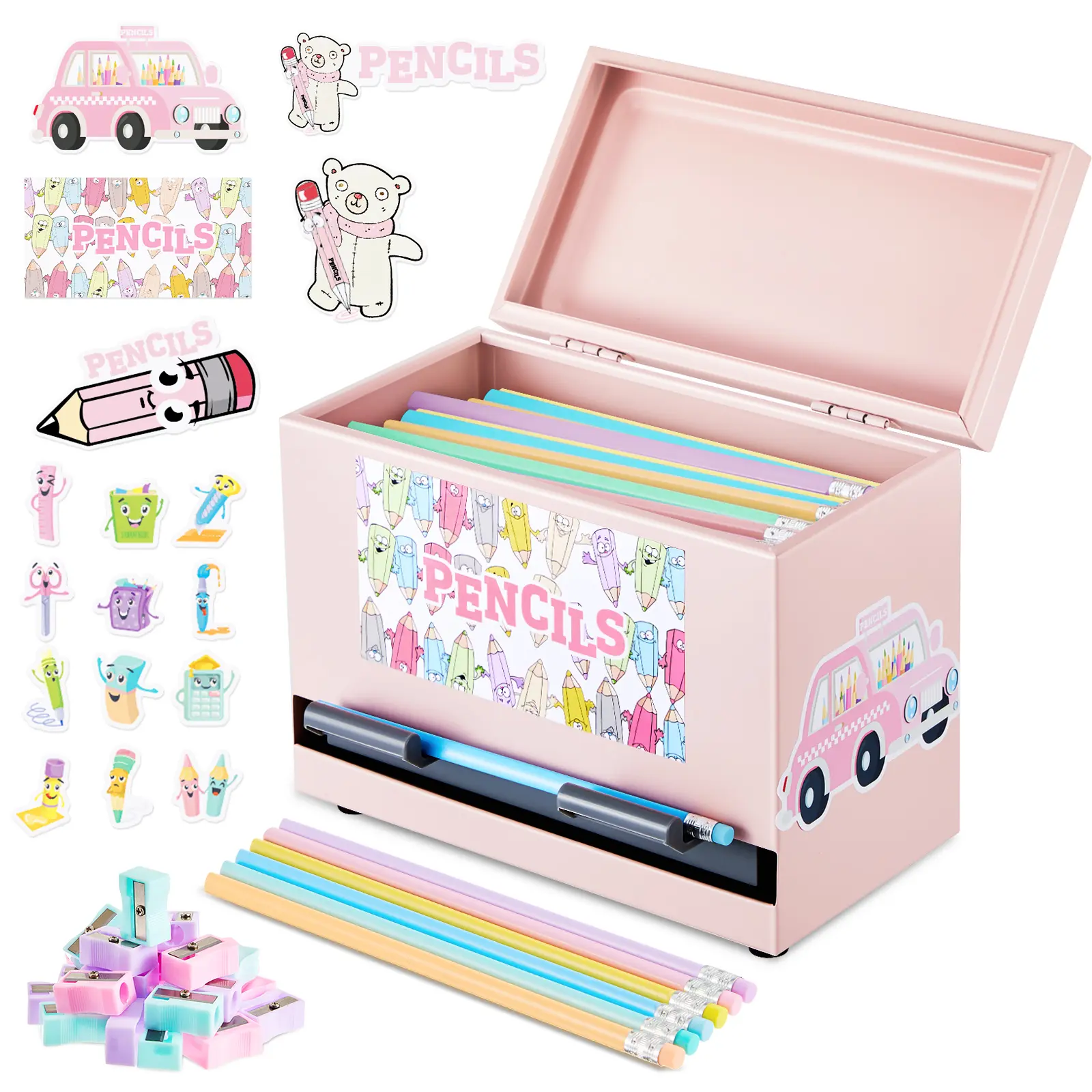 Back to School  Classroom Metal Pencil Dispenser with Pencils Sharpener DIY Sticker, Stainless Steel Pen Storage Box for Classroom Table Organization, First Day of School Teacher Gift for Pre K to Middle School