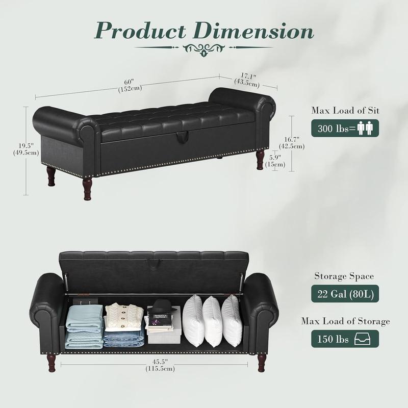 Apicizon 60”Ottoman with Storage, Queen Size End of Bed Storage Bench with Tufted Button, Upholstered Sitting Bench for Front Door Entrance,Bedroom