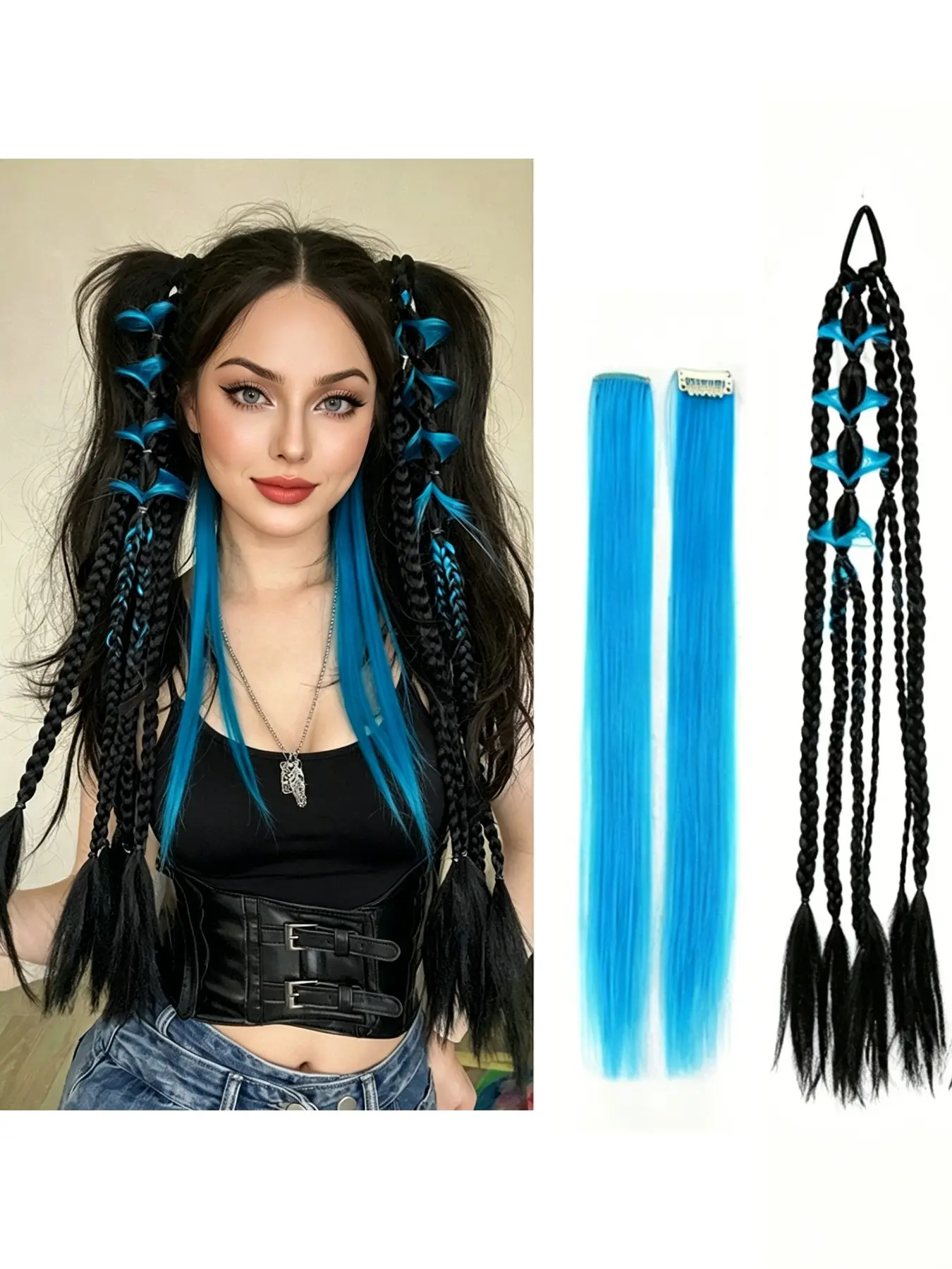 Heart-Shaped Braided Ponytail Hair Extension, Block, 22-Inch Synthetic Fiber, Suitable for Kids and Adults