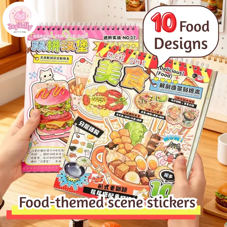 Food-Themed Scene Sticker Book, 10 Unique Food Designs with Large Reference Images, DIY Gift for Scrapbooking & Collage Book Stickers