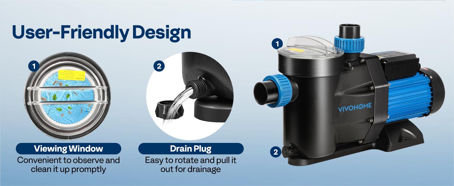 VIVOHOME 2.0HP 6500 GPH 115V Pool Pump, Self-Priming Energy Saving, 1.25" & 1.5" & 2" Inlet w/Strainer Basket for In/Above Ground Pools
