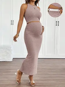 2pcs/Set Maternity Solid Color Tank Top & Skirt, Casual & Fashionable For Everyday Wear
