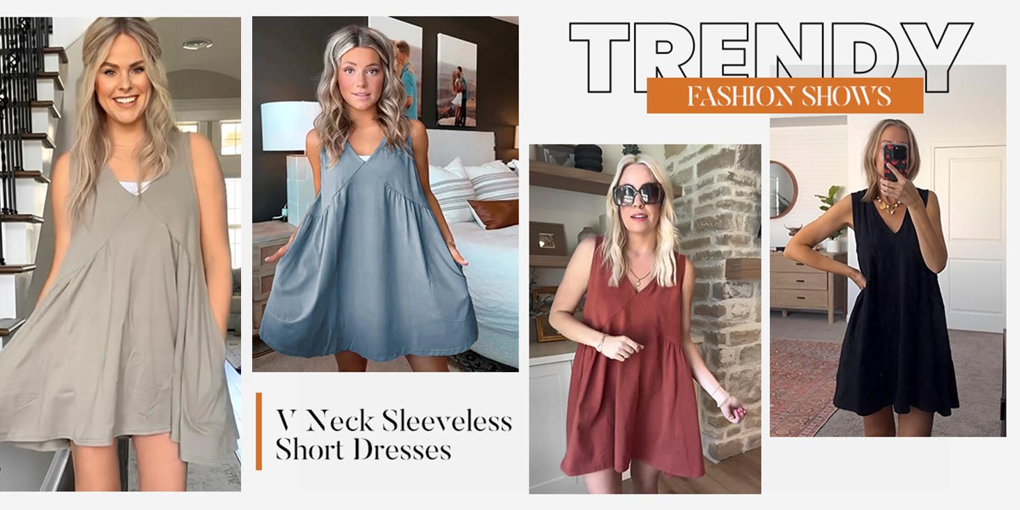 WoodBerry Women's V Neck Sleeveless Mini Dress Elegant Outfits Summer Casual Loose Pleated Swing Flowy Beach Sun Tank Dress with Pockets, Layer with Mesh Tops WoodBerry Women's V Neck Sleeveless Mini Dress Elegant Outfits Summer Casual Loose Pleated Swing Flowy Beach Sun Tank Dress with Pockets, Layer with Mesh Tops