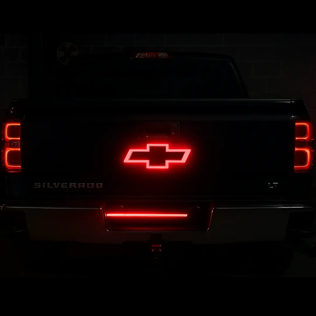 GM Officially Licensed Red LED Illuminated Tailgate Bowtie Emblem for 2014-2019 Chevrolet Silverado, 11.5” Wide x 3.75” Tall, All-Black Housing, Authentic Emblem, Dual-Intensity LEDs, Easy Installation