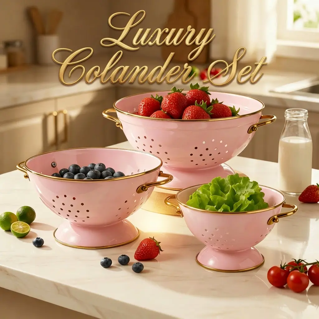 3 Piece Stainless Steel Colander Set | Pink Kitchen Accessories | Food Grade Pasta Strainer with Ergonomic Handle | Multi-Use Mesh Colander for Berries Vegetables Fruits |Cute Girly Barbiecore Kitchenware |Dishwasher Safe Rust-Resistant Kitchen Essentials