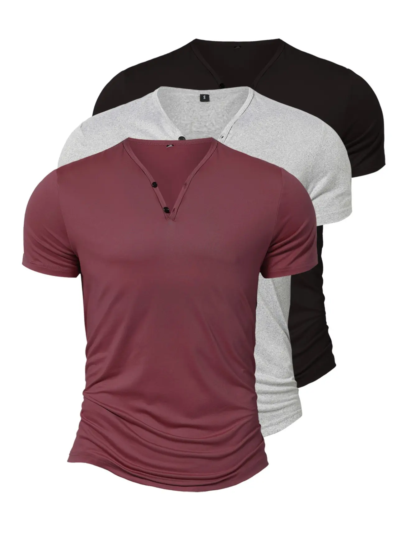 3-Pack Men's Lightweight Breathable V-Neck Short Sleeve Henley T-Shirts, Fitness Apparel, Slim-Fit Solid Color Button Decor Tops, Ideal for Running & Outdoor Activities, Gym Muscle Shirts, Fitness Training Tops