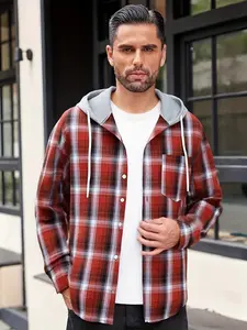 Men's Flannel Shirt, Plaid Hoodie Fall Casual Button Down Shirt Jackets, Long Sleeve Stylish Hooded Jacket with Pocket