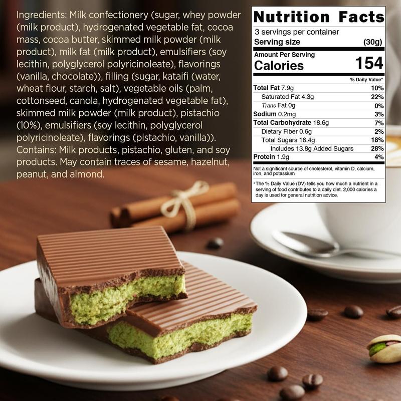 SALE - Dubai Chocolate Bar ‒ 2.3 oz | Milky Crispy Chocolate with Crunchy Kunafa & Rich Pistachio Paste ‒ Gourmet Dessert Bar