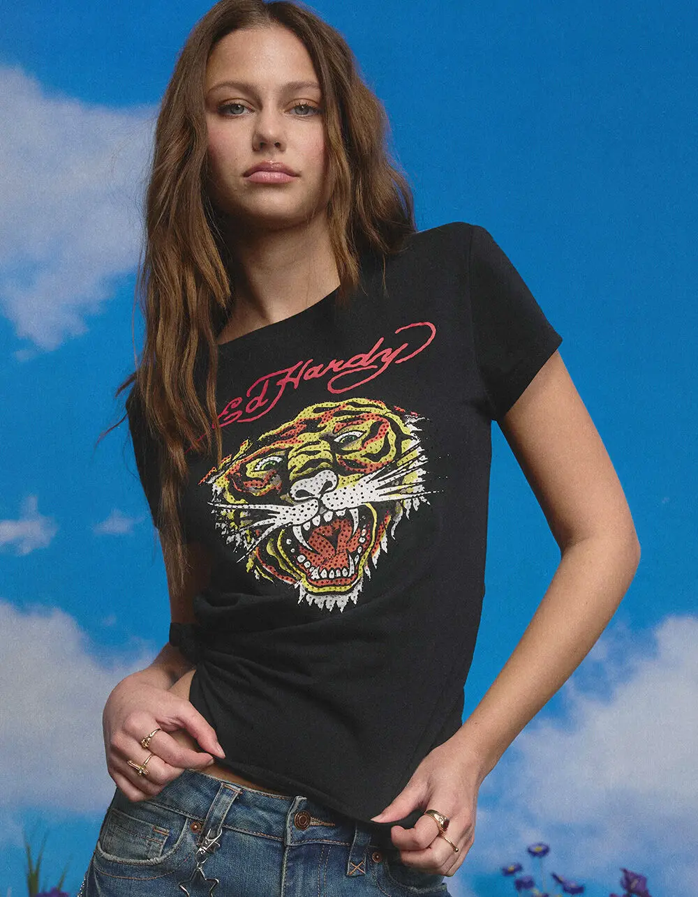 ED HARDY Rhinestone Tiger Head Womens Fitted Tee ED HARDY Rhinestone Tiger Head Womens Fitted Tee