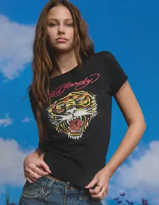 ED HARDY Rhinestone Tiger Head Womens Fitted Tee