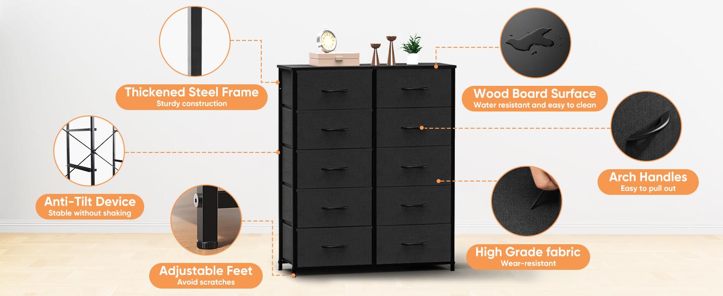 Tall Drawer Organizer Storage Drawers Fabric Storage Tower with 10 Drawers, with Fabric Bin, Wood Top for Bedroom, Closet