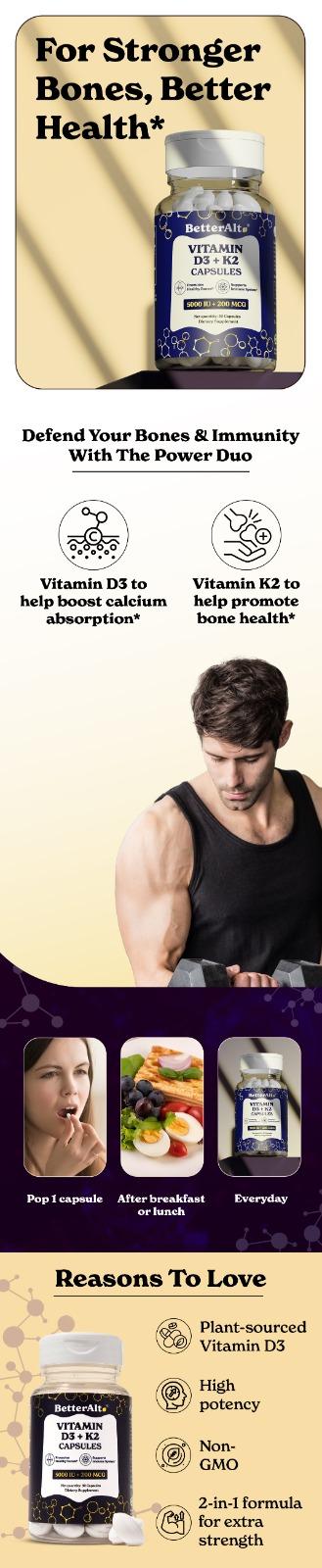 BetterAlt Vitamin D3 + K2 Capsules | 5000 IU Vitamin D3, 200 mcg Vitamin K2 | Helps Promote Bone Strength | 1-Month Dietary Supplement