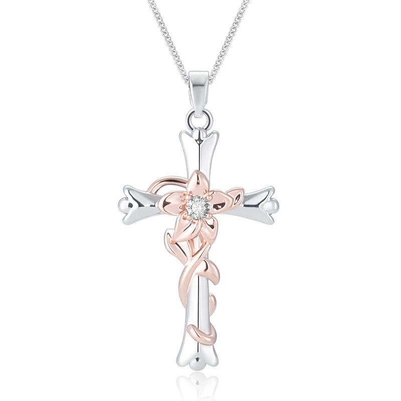 Cross Rose Flower Necklace for Women Elegant Temperament Pendant Necklaces Jewelry for Teen Valentine's Day Birthday Anniversary Gifts for Ladie Wife