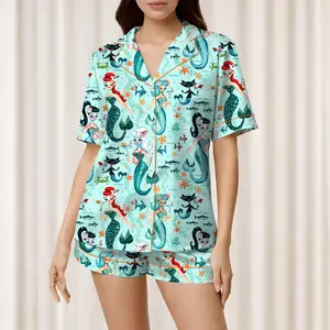 Aqua Retro Mermaids Teal Pinup Girls Martini Mermaids Short Sleeve Satin Pajama Set