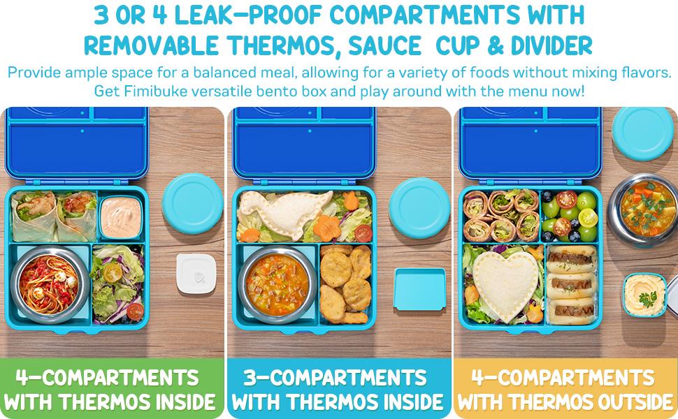 Fimibuke Bento Lunch Box , 3-4 Compartment 60OZ Toddler Lunch Box Container with Leakproof 8OZ Insulated Food Jar, Sauce Jar, Utensil for School, BPA-Free Dishwasher Safe,Funny Patterns,Back to school gift