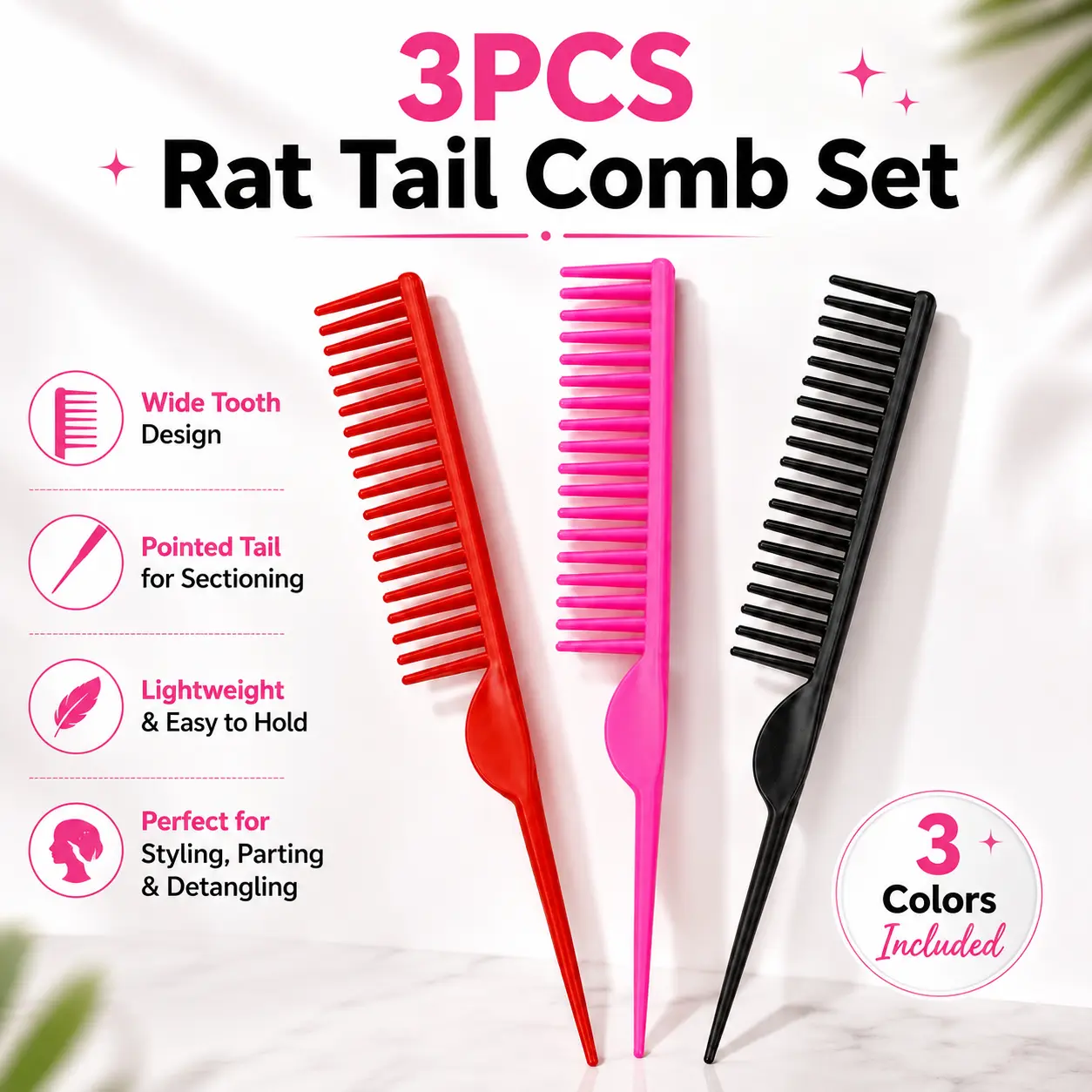 Women's Multi-Use Grooming Tool Set - Double-Ended Detangling Comb with Plastic Bristles, Non-Slip Fluffy Styling Tail Comb, Long Hair Beauty Eyebrow Brush, Suitable for All Hair Types, Double-Ended Comb