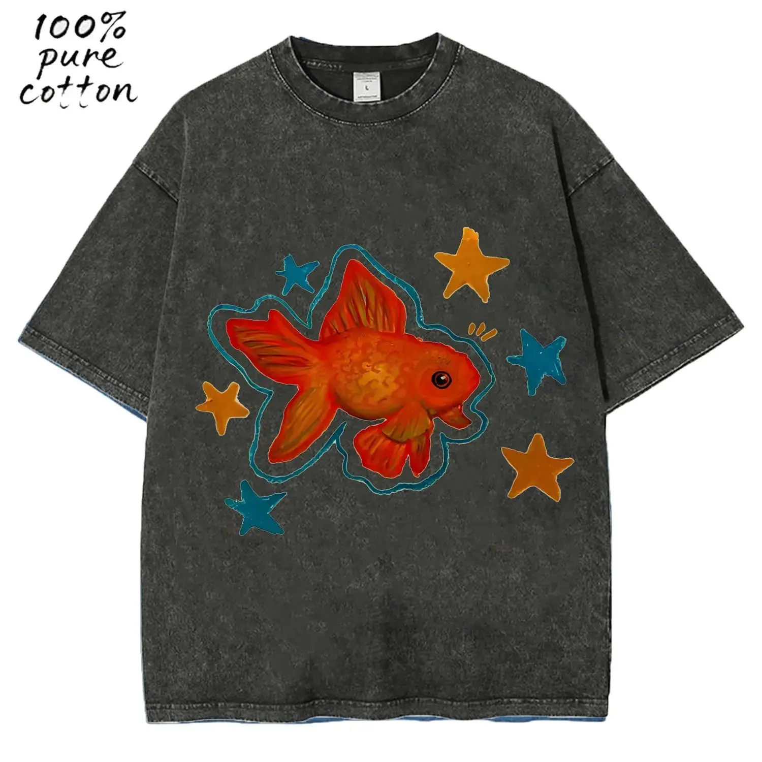 Vintage Goldfish Unisex Wash Tee Featuring Distressed Colorful 