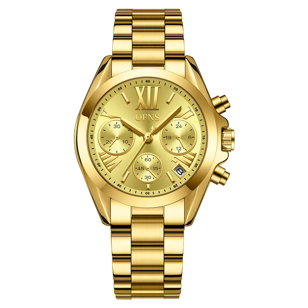 Women's quartz gold  with stainless steel bracelet, a stylish analogue wristwatch – the gift for her. Watch with Gemstone Bezel