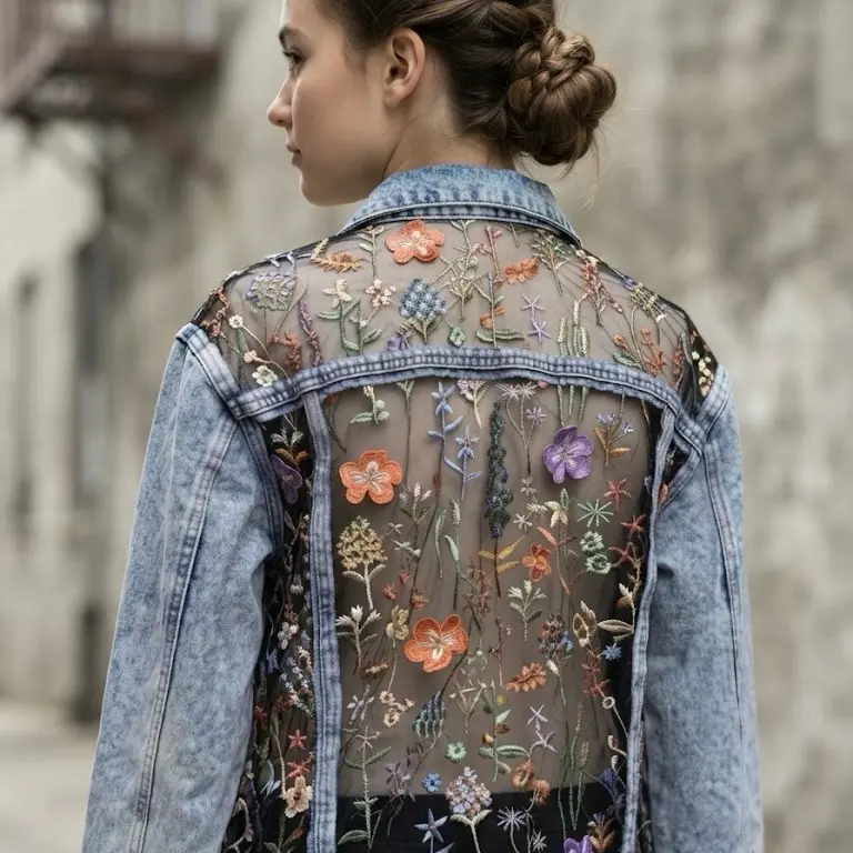Women's Chic Style Handcrafted Blue Boho Custom Denim Jacket, Comfortable Floral Lace Festival Outfit, Unique Embroidered Mesh Back