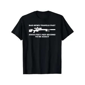 Military Humor T-Shirt - Light Beige "Bad News Sniper Rifle" Joke Graphic Tee, Breathable Cotton, Regular Fit, Round Neck, Short Sleeves, Vintage Street Style for Men & Women, All-Season Comfort, Casual Wear |   Vintage Style Shirt |   Comfortable Fit, T