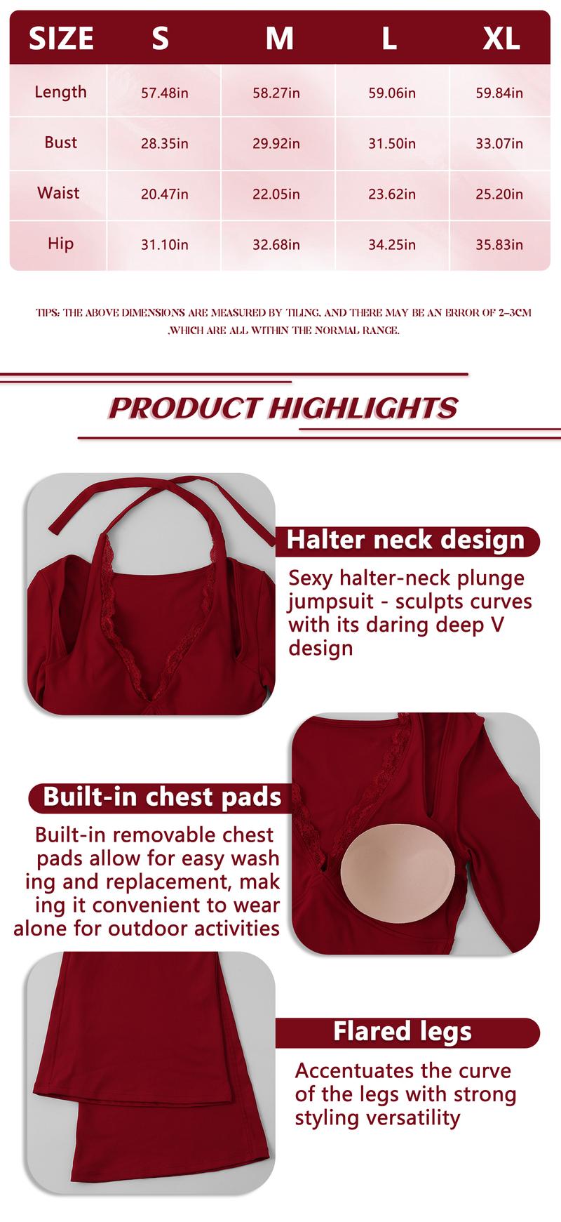 TimeOFF Women's Long-Sleeve Lace-Trim Halter Jumpsuit, Deep V-Neck & Flared Pant Hem, Solves Stylish Support & Flexible Fit Need for Yoga, Dance Workouts & Fashion-Forward Fitness Sessions,jumpsuit women jumpsuit for women