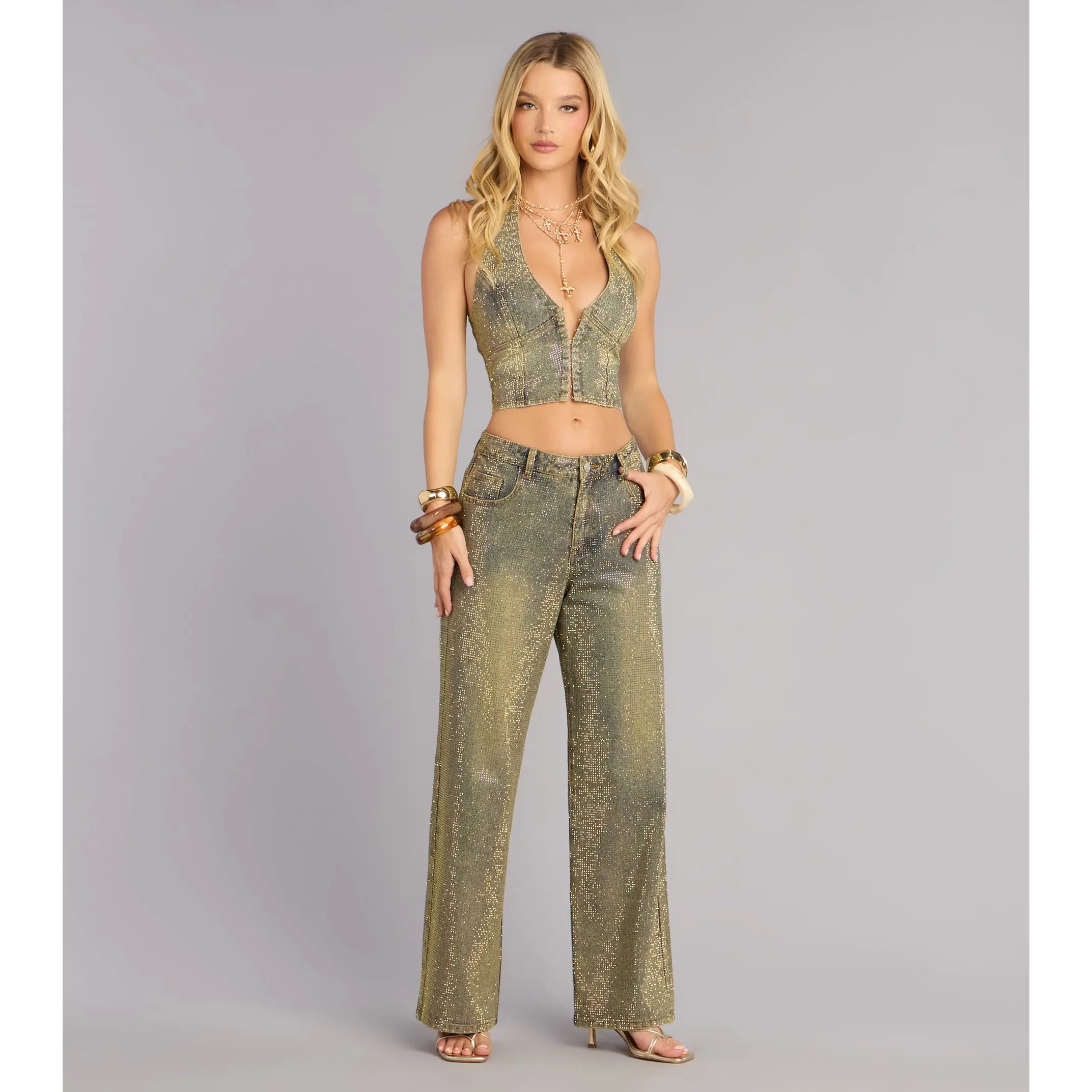 Glam Moment Rhinestone Denim Straight-Leg Jeans