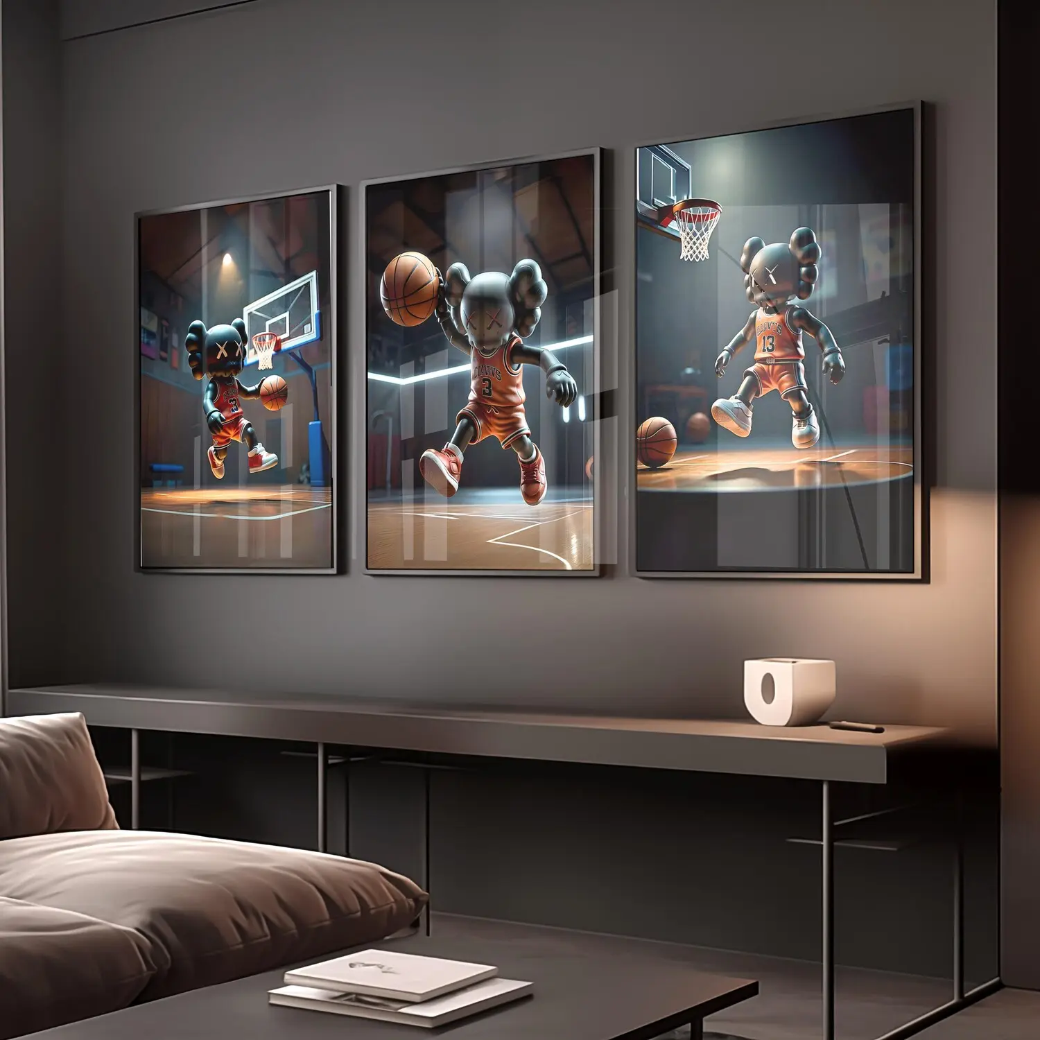 Kaws Playing Basketball Poster, set of 3, Pritable kaws Figure, Hypebeast Basketball Lover Poster, Hypebeast Minimalist, Men Room Decor