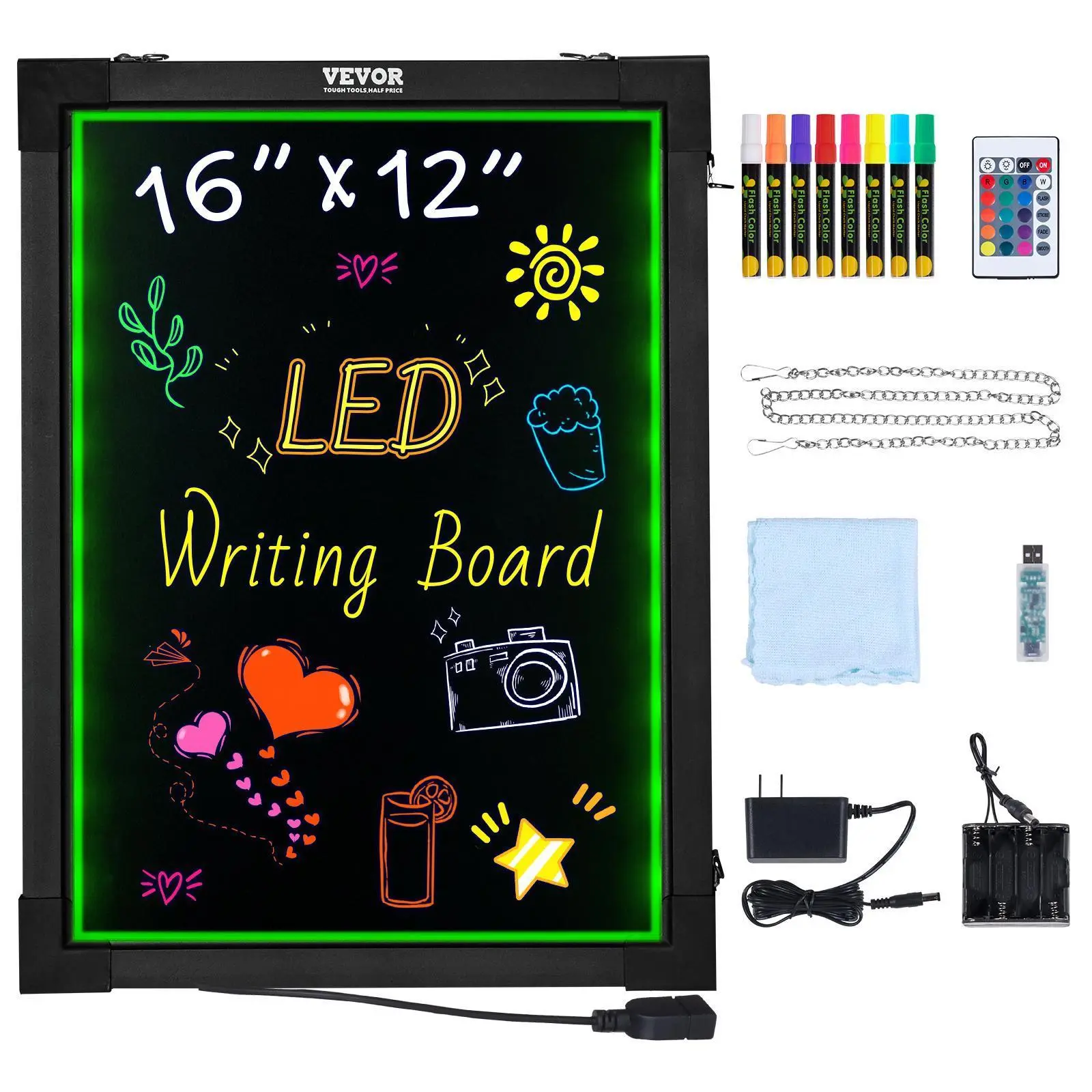 【Summerfinds】VEVOR LED Message Writing Board, 16"x12" Illuminated Erasable Lighted Chalkboard, Neon Effect Menu Sign Board, Drawing Board with 8 Fluorescent Chalk Markers and Remote Control, for Home Wedding Shop