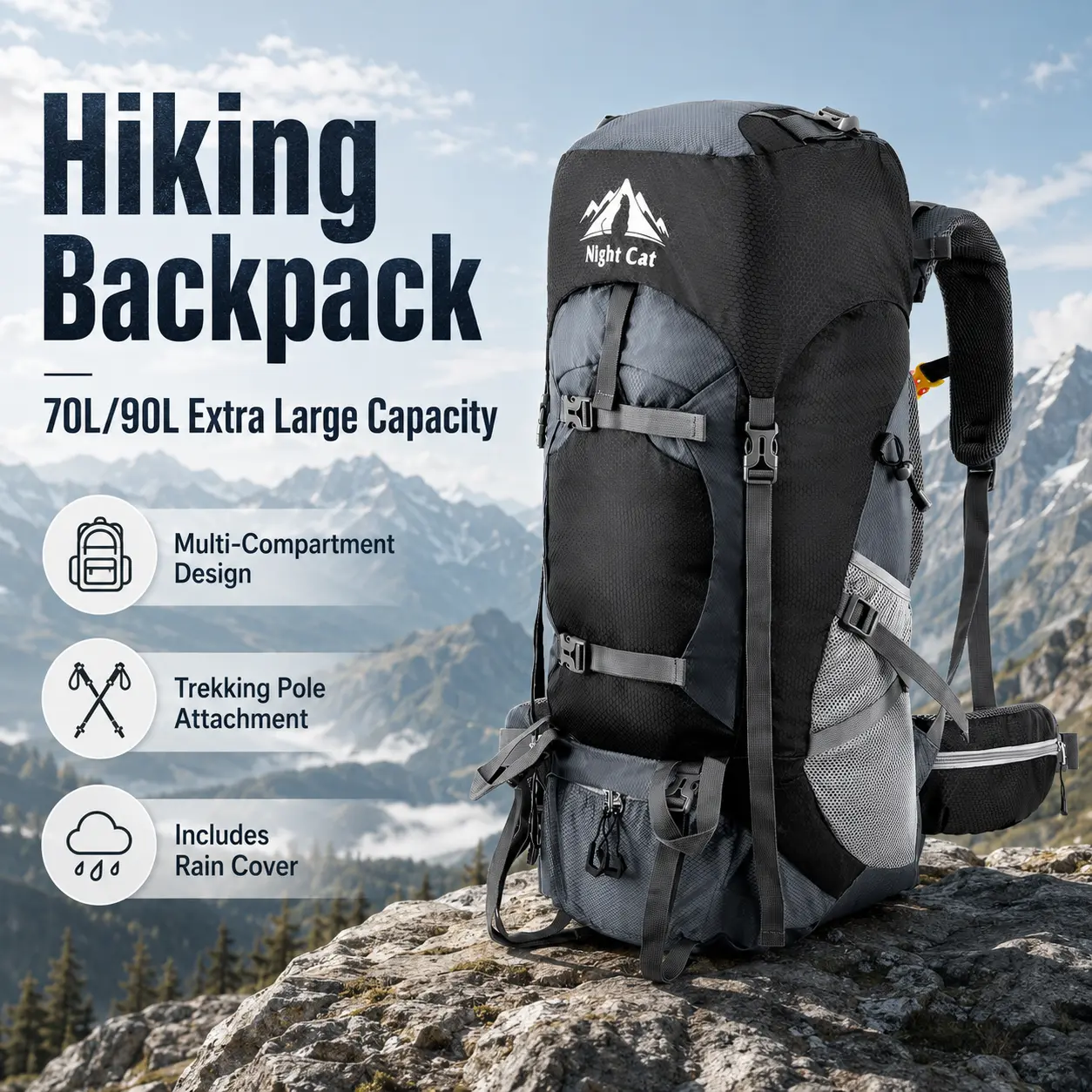 Night Cat 70/90L Frameless Hiking Backpack, 33x27x73cm & 1kg Ultra-Light, Breathable Mesh Back Panel & Multi-Compartment, for Multi-Day Trekking, Mountaineering, Camping, Travel & Outdoor Expeditions, Durable Outdoor Hiking, Hiking Trekking Rucksack, Unis