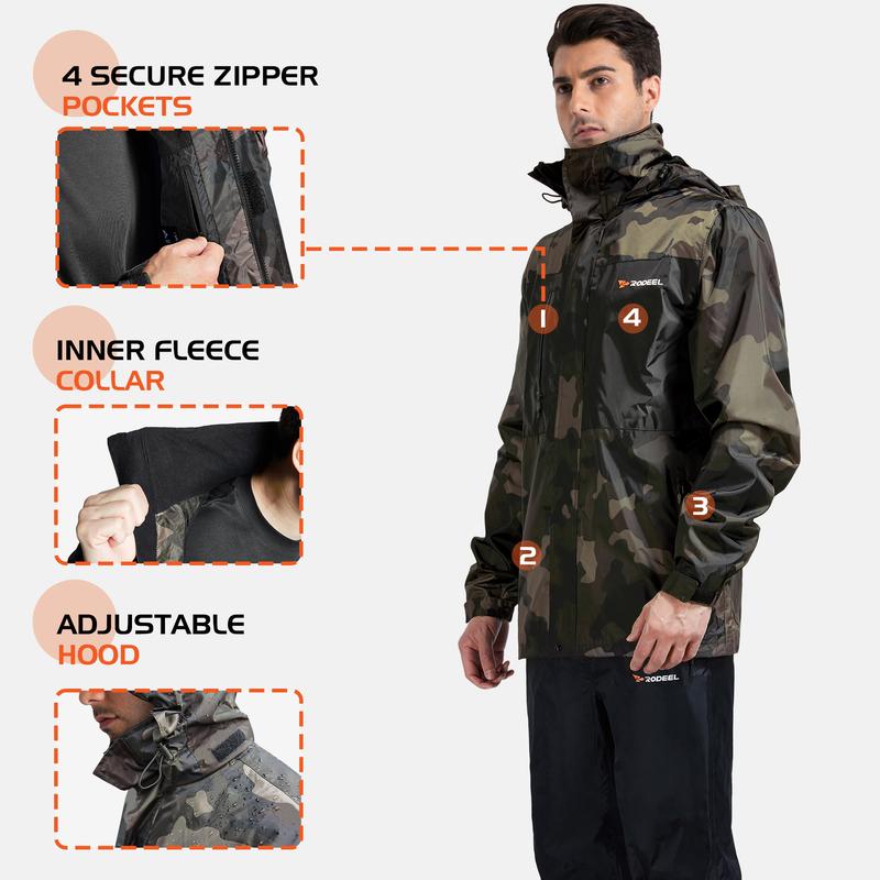 【RODEEL】702 Waterproof Jacket and Pants Set Men Lightweight Breathable Full Zip Hooded Rain Coat Durable Rain Suit Weatherproof Rainwear Windbreaker For Outdoor Sports Hiking Camping Fishing Boating Construction Landscaping Gardening, Holiday Gift
