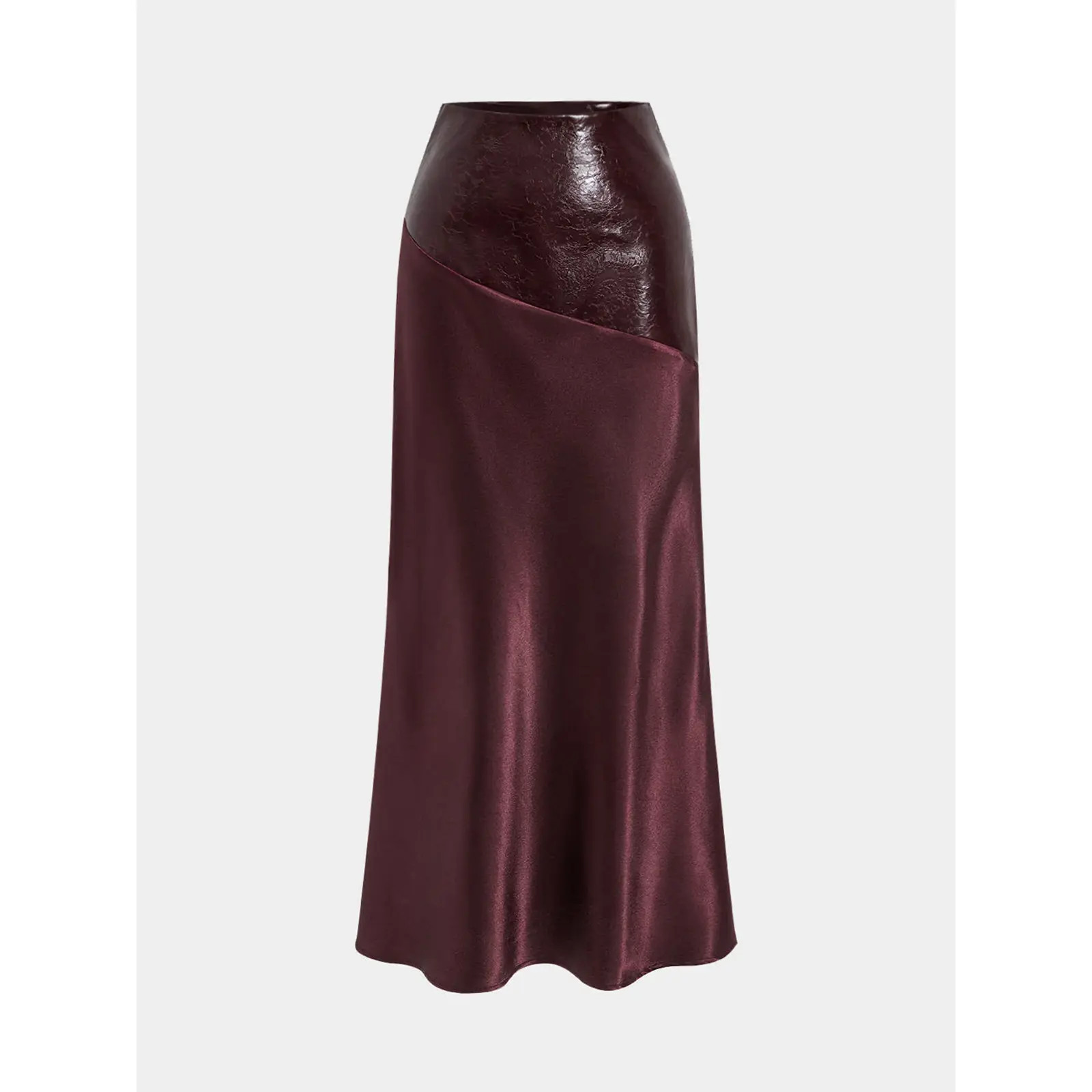 Women's Bottom - Faux Leather Panel, Asymmetric Satin Maxi Skirt