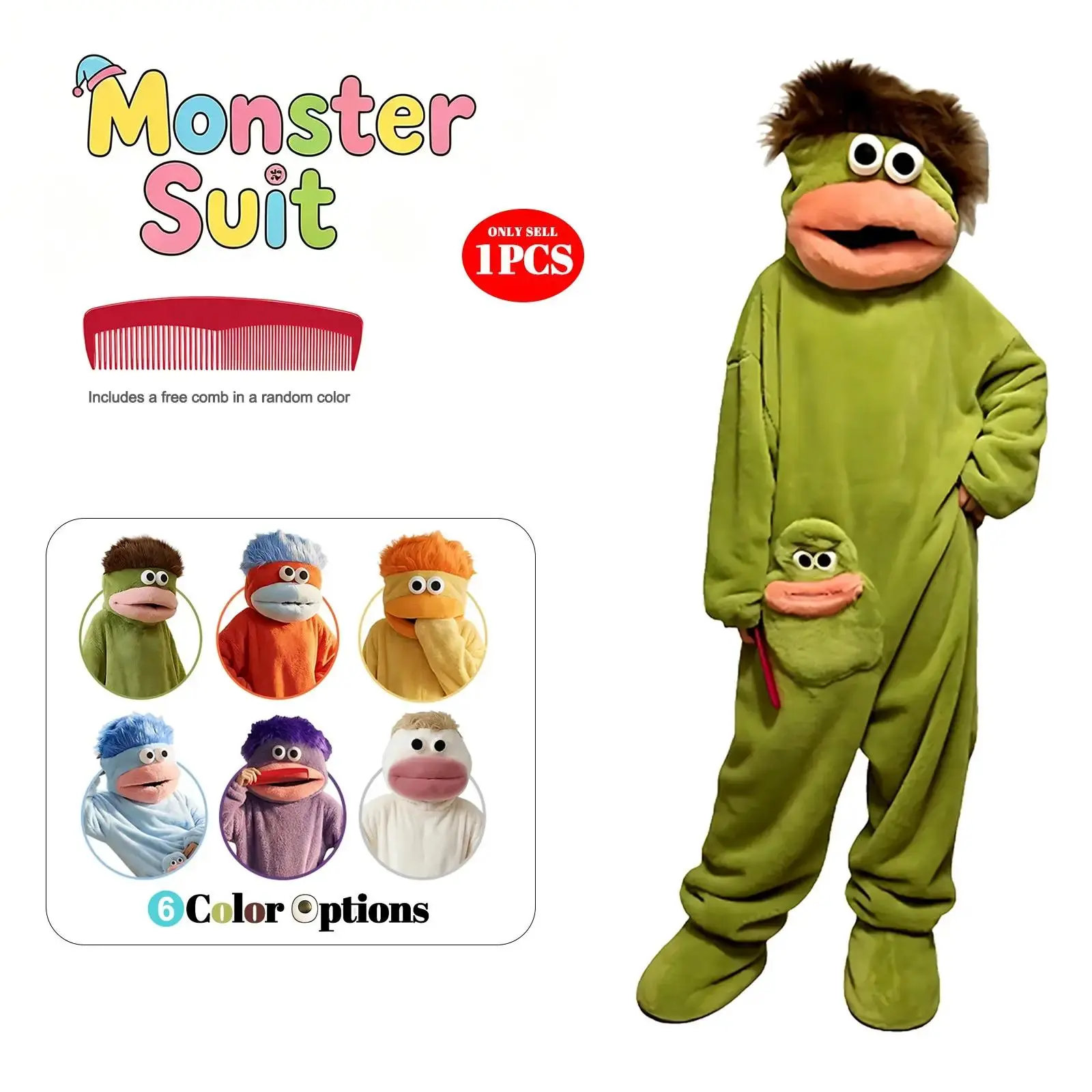 Cute Monster Hooded Fleece Pajama Set, Loose Cozy Loungewear with Robe and Comb homeessentials