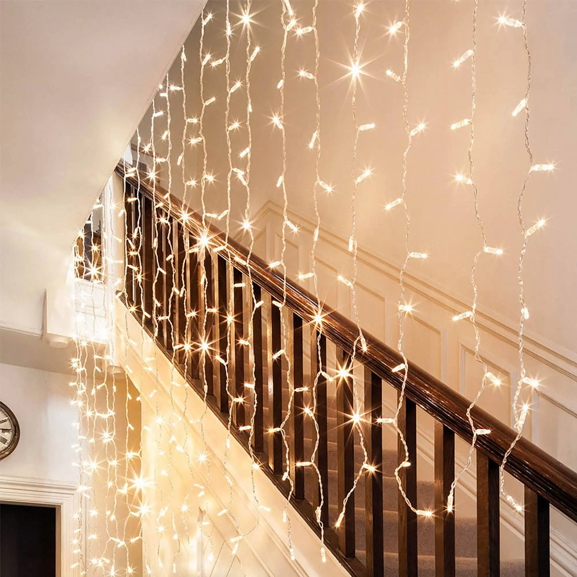 Perfect Holiday Curtain String Lights Ambient Decorative Lighting 200 LED Warm White Clear Cable 6FT x 9FT Led Lighted Led Bulbs Included