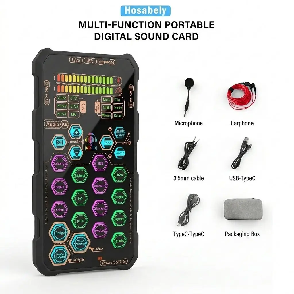 HOSABELY SK9 Digital Sound Card - Handheld Mini Voice Changer Recording Set with Professional Chipset, Portable Audio Interface, Gaming/Singing Tone Adjustment, Phone/Computer Compatible Computers & Office Component Tools and Gadgets for Adults, Tech Gadg