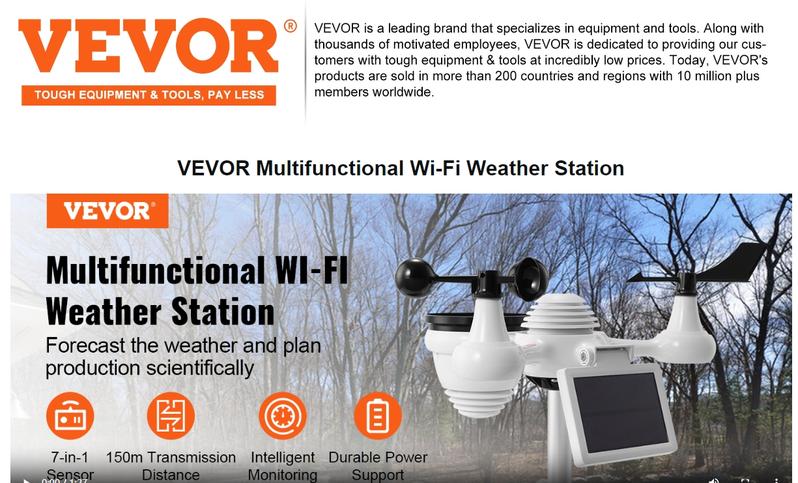 VEVOR 7-in-1 Wi-Fi Weather Station, Various specifications, 7.5 in Color Display, Home Weather Station Indoor Outdoor, with Solar Wireless Outdoor Sensor Alarm Alerts, for Temperature Humidity Wind Speed/Direction Rain