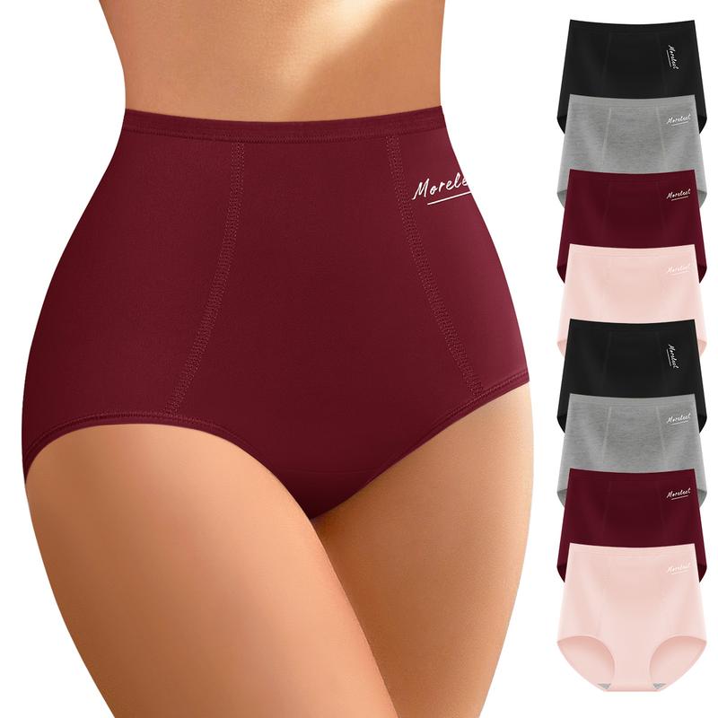 【Soft Cotton】Morelect 4/6/8 Pcs Women's High-Waisted Underwear, Breathable & Comfortable Panties,Classic Briefs with Signature Logo, Solid Color Panty for Year-Round Wear,S-XXXL