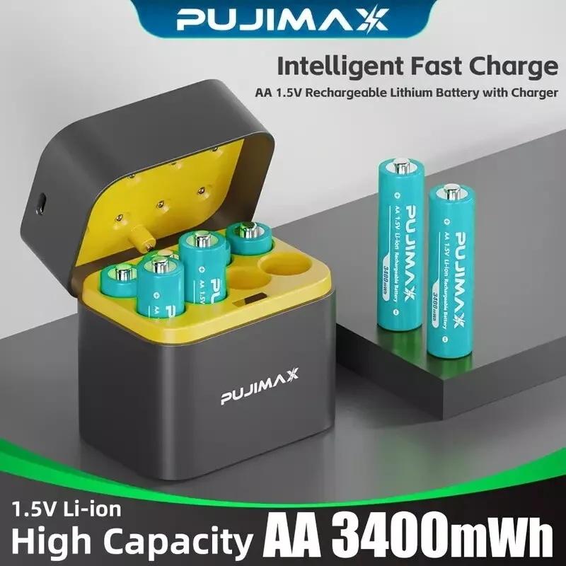 PUJIMAX 8 PCS AA 1.5V Rechargeable Lithium-ion Batteries 3400mWh + Charging Case